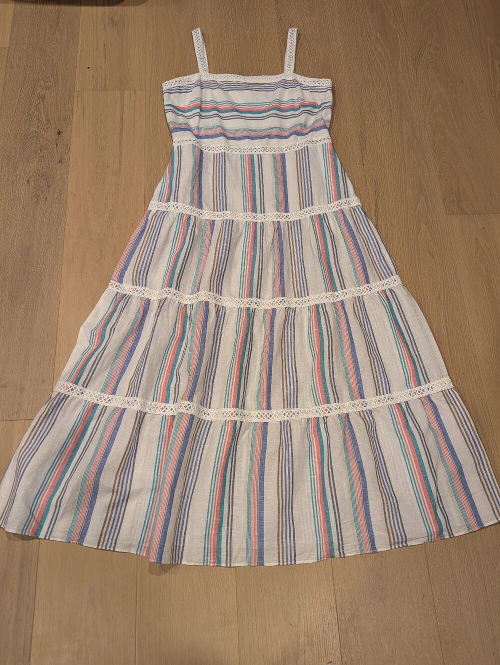 Linen Blend White Striped Maxi Dress with Blue Accents
